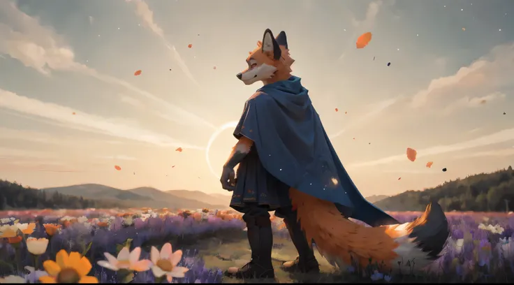 Masterpieces,official art,furry,male,shota,Anthropomorphic orange fox,white top ears and arms and legs, Delicate face,two colors eyes blue and orange eyes color,orange fur colorsno hair, watching sunset, field of flower, cape, standing, depth of field, per...