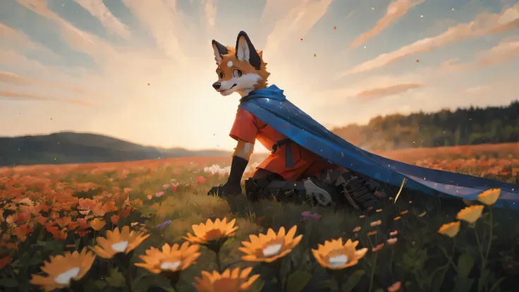 Masterpieces,official art,furry,male,shota,Anthropomorphic orange fox,white top ears and arms and legs, Delicate face,two colors eyes blue and orange eyes color,orange fur colorsno hair, watching sunset, field of flower, cape, depth of field, perfect light...