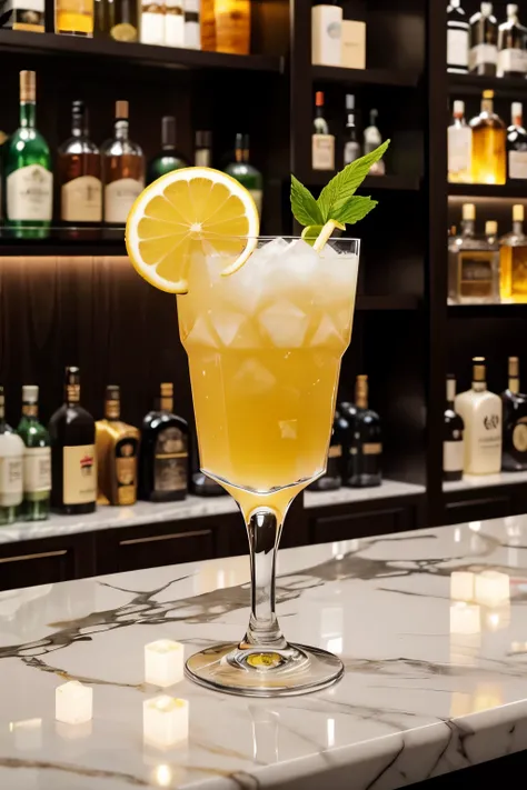 The image features a close-up of a meticulously crafted cocktail resting on a sleek, marble-topped bar at Elysium Lounge. The cocktail is garnished with a twist of lemon peel and a sprig of fresh mint, adding a pop of color to the elegant presentation. Beh...