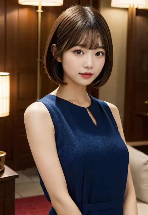 (((lounge:1.3, indoor, Photographed from the front))), ((medium bob:1.3, navy dress, japanese woman, cute)), (clean, natural makeup), (highest quality, masterpiece:1.3, 超High resolution), (Super detailed, caustics), (realistic:1.4, RAW shooting), very deta...