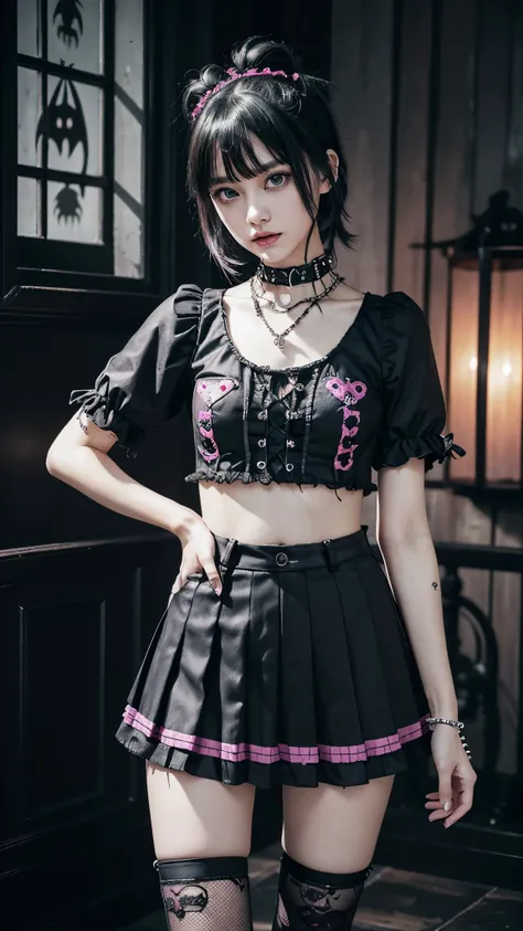 (Ultra-detailed eyes), (((textile shading))), (((Best Quality))), (((masutepiece))), (((Ultra-detailed CG))), sassy girl, (((magical ))), (), (tiny chest), black hair, black hair, black hair, black hair, Spooky Season In Punk hairstyle, ((pucca hair with b...