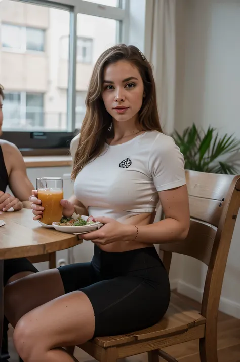 Ultra realistic, photography of a 25yo woman, perfect face, dark blonde hair, masterpiece, fitness model, eating healthy food with her 30yo boyfriend. Both wearing fitness clothes. Sitting at a table with delicious food

