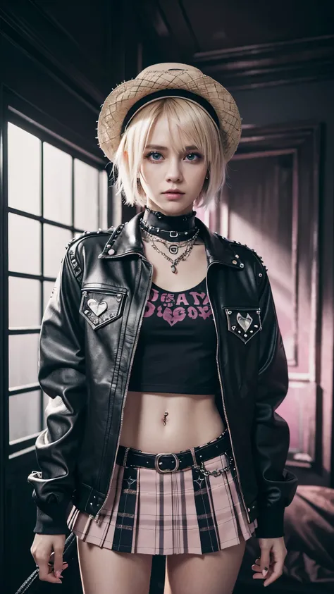 (Ultra-detailed eyes), (((textile shading))), (((Best Quality))), (((masutepiece))), (((Ultra-detailed CG))), sassy girl, (((magical ))), (), (tiny chest), blonde hair, blonde hair, blonde hair, blonde hair, Spooky Season In Punk hairstyle, ((short hair, g...