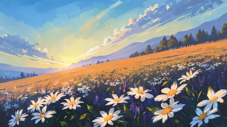 the prompt generated is: "field of white flowers, sunlight, blue sky, (best quality,4k,8k,highres,masterpiece:1.2),ultra-detaile...