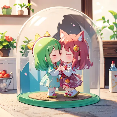 There is a kissing doll inside a dome-shaped transparent plastic case.