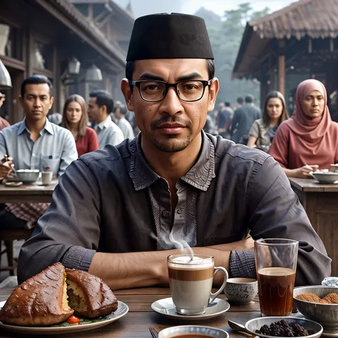 there is a man sitting at a table with a plate of food and a cup of coffee, inspired by rudy siswanto, inspired by altoon sultan...