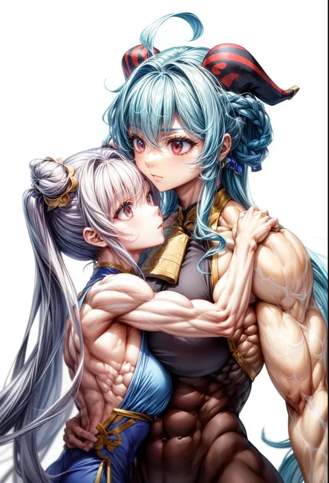 2girls,muscular female,,muscular ,biceps,,thick arm,biceps,(ganyu keqing)