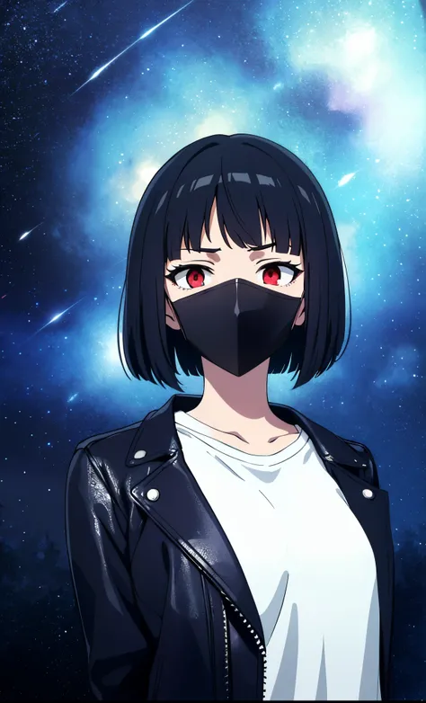 masterpiece, best quality, 1girl, black hair, bob haircut, red eyes, black mask on mouth, dark background, upper body, looking at viewer, arms behind back, blue theme, stars, starry night, emotionless stare, (black leather jacket, white tshirt)