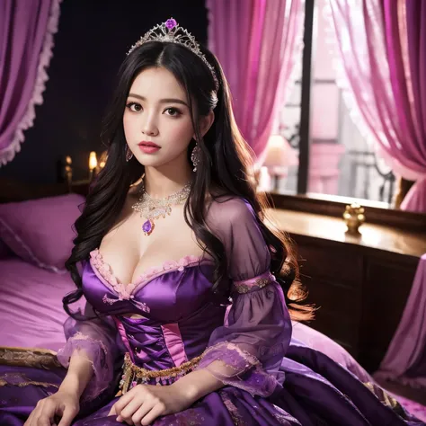 (highest quality、table top、8k、best image quality、extremely complex and detailed depiction)、one prostitute goddess、Ultimate luxury with everything you can imagine、most gorgeous goddess costume、(Surrounded by pink and purple curtains:1.3)、sitting on a big be...