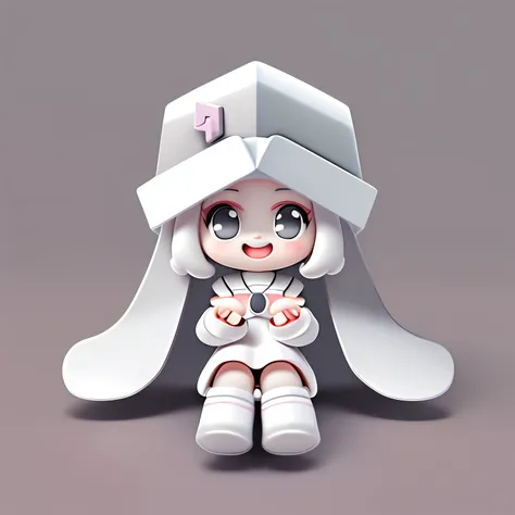 Bubble Mart blind box style，A cute little girl who loves to laugh，sit on the floor，Two hands raised in front of chest，Wearing a white box-shaped hat，princess cut hairstyle，Off-white hair，Wearing dark gray skirt and boots