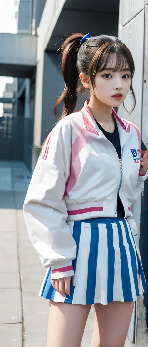 sporty idol、whole body、good style、、、、paint-covered track jacket、striped mini skirt、pigtails