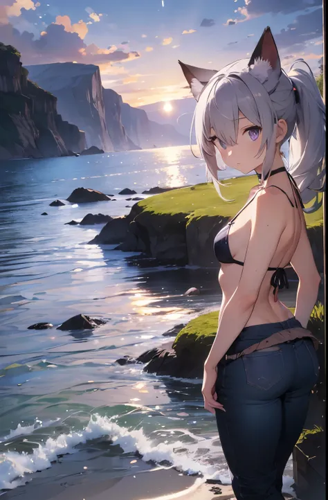 video angle, Depth of written boundary, (looking at the viewer), (right foreground: 1), (standing photo: 1),
(play the guitar: 1.3),
cat ears girl, (alone),silver hair,(white skin:1), (Curvaceous:1.2), (wide hips:1.1), 
(Beautiful coast background), (coast...