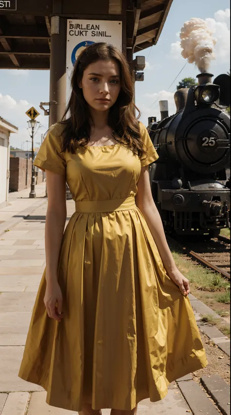 35mm film, Jessica Atreides in a traditional dress with a yellow train flowing in the wind. Her dress is designed by Jacqueline West.. filmed from a Dutch angle