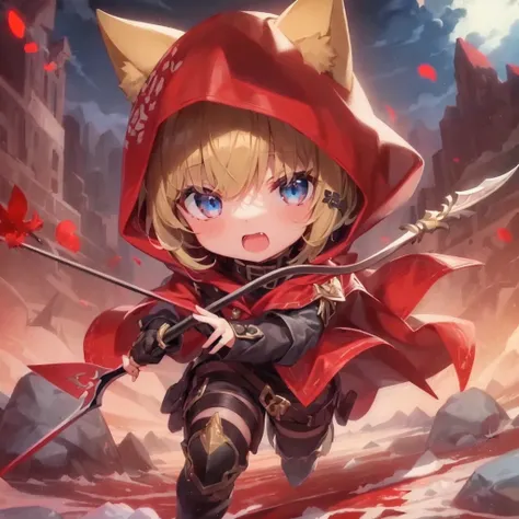 chibi anime、one girl、alone、running、Rain of flames、ice rain、rocky mountain、desert background、blue sky、clear sky、Red and gold armor、have a spear、hold a weapon、blonde、bob cut、blue eyes、black military uniform、((dark crimson red long coat)), crimson red hood, (...