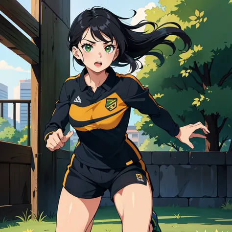 22 year old girl running, black hair, green eyes, red soccer outfit
