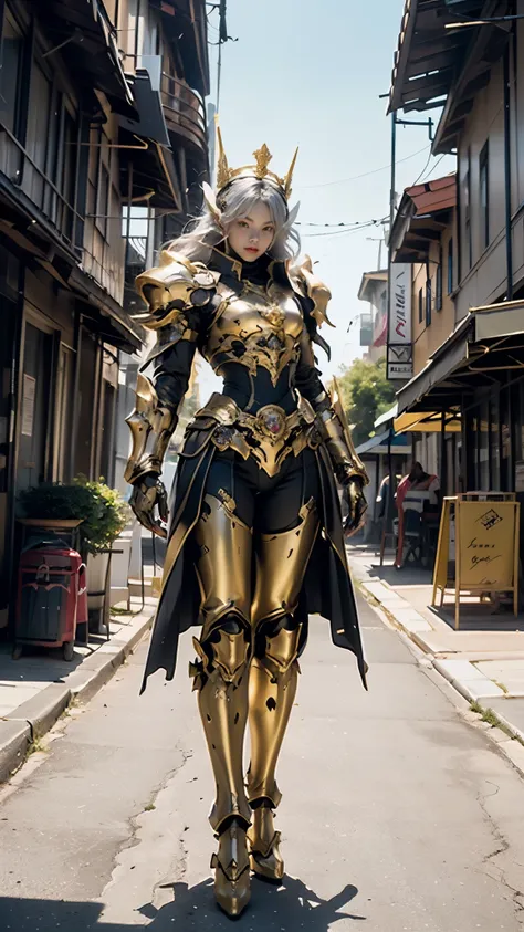 A woman adorned in fantasy-style full-body armor, a crown-concept fully enclosed helmet that unveils only her eyes, a composite layered chest plate, fully encompassing shoulder and hand guards, a lightweight waist armor, form-fitting shin guards, the overa...