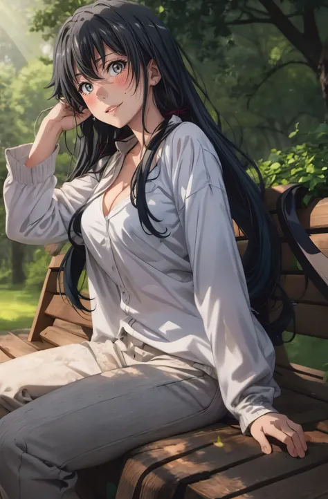 yukinoshita yukino, black hair, long hair, grey eyes, masterpiece, best quality, Extremely detailed, breasts, 1girl, sitting, pants, bench, solo, looking_at_viewer, outdoors, cleavage, dappled_sunlight, hollow eyes, facing viewer, upper teeth, lips, grey e...