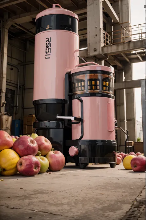 The giant slow juicer is pink and has giant fruits. all are booked in front of 1 factory