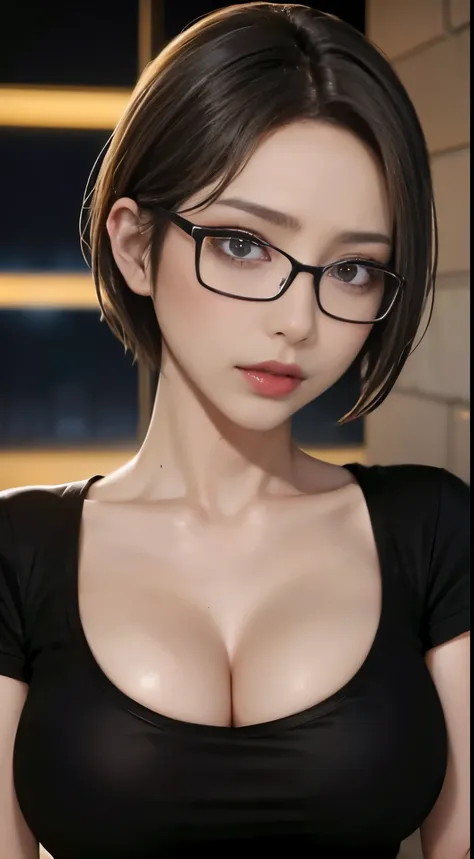 4k quality、最high qualityの傑作、punk girl in thin glasses and a black shirt, (heavy makeup), blurred city background at sunrise, sho...