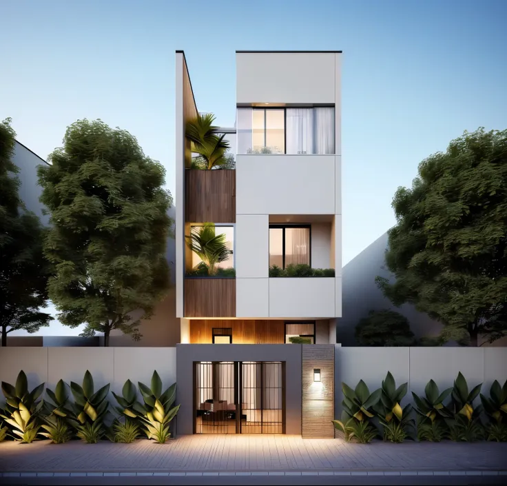 rendu d&#39;a modern residential townhouse, rendu professionnel, outdoor wide angle 2023, very detailed rendering, high quality ...