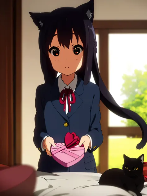 1girl, (((​masterpiece))), wallpaper HD, top-quality, top-quality, High Details, nakano azusa, 1girl, wedding dress, black cat ear, (((black cat ear))), Twin-tailed, length hair, A dark-haired, brown-eyed, solo, reddish, Dark blue blazer with thin red ribb...