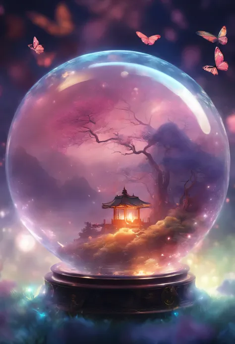 (best quality, 4k, 8k, high resolution, masterpiece:1.2), super detailed, actual:1.37 Close-up of the ball inside the ball, surrounded by mystery, Glowing mist. The sphere is made of crystal clear glass, Reflection of ambient light. The inner sphere is sma...