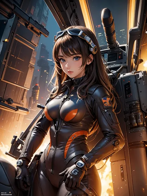 ((highest quality)),(ultra high resolution),(Super detailed),(detailed description),((best CG)),(best work of art),super precision art,amazing drawing art,(Art with precise details:1.5), (adult women:1.8),(Detailed pilot suit:1.6),patch:1.3