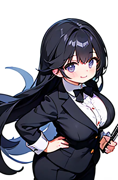 young girl　lolita　big breasts　K cup　black hair　long hair　smile　droopy eyes　wearing a suit　whip