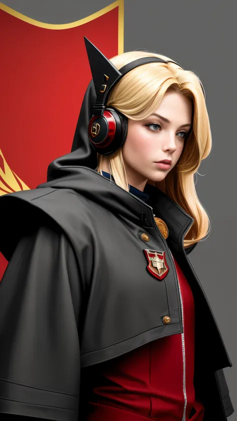 Realistic Red Sotheby Girl Photo，short side waves，blonde hair with red tips，cool look，background is gray，Coat of arms of the Principality of Zeon，