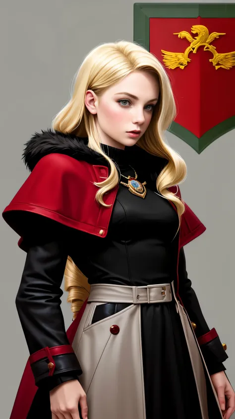 Realistic Red Sotheby Girl Photo，short side waves，blonde hair with red tips，cool look，background is gray，Coat of arms of the Principality of Zeon，