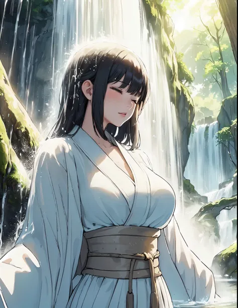 1lady solo, (standing under waterfall), (facing down), kimono (pure white robe:1.1), mature female, /(black hair/) (straight hair) bangs, blush (eyes lightly closed:1.1), (masterpiece best quality:1.2) delicate illustration ultra-detailed, large breasts BR...