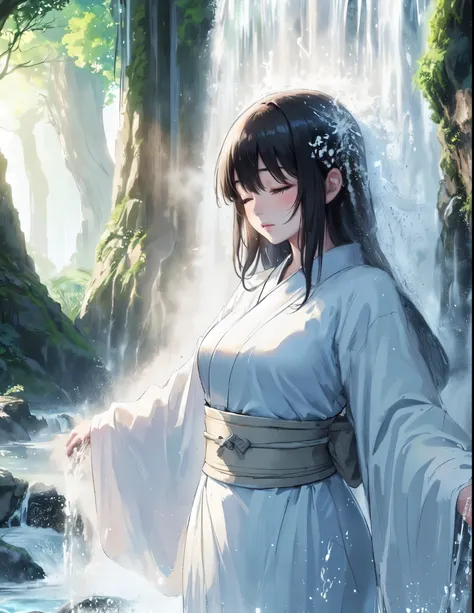 1lady solo, (standing under waterfall), (facing down), kimono (pure white robe:1.1), mature female, /(black hair/) (straight hai...