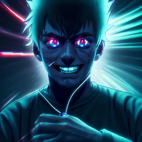 anime man with a dark and brooding demeanor, with glowing red eyes and a malicious grin, hacking into a powerful computer system with visible electric currents flowing through his body, while ominous shadows surround him, (sinister:1.2), (dark and moody li...