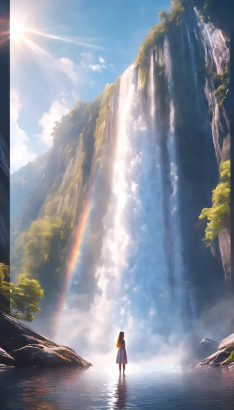 low angle view，The girl standing in front of the huge waterfall looks up，water vapor rising，rainbow，sun glare spots，realistic raytracing，True light reflection，real light refraction，Ultra-fine，Surreal，Super dreamy，extreme portrayal，8k，masterpiece，