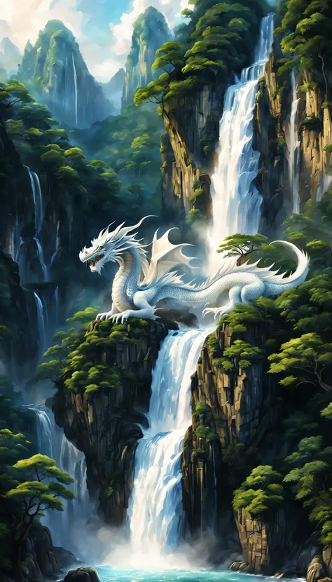 draw a waterfall where the dragon god lives,a dragon god with only his face exposed from the basin of a waterfall.,white dragon,...