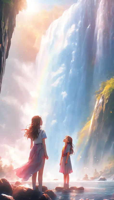 low angle view，The girl standing in front of the huge waterfall looks up，water vapor rising，rainbow，sun glare spots，realistic raytracing，True light reflection，real light refraction，Ultra-fine，Surreal，Super dreamy，extreme portrayal，8k，masterpiece，