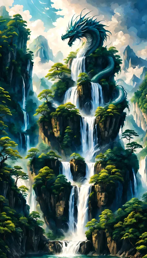 draw a waterfall where the dragon god lives,a dragon god with only his face exposed from the basin of a waterfall.,white dragon,...