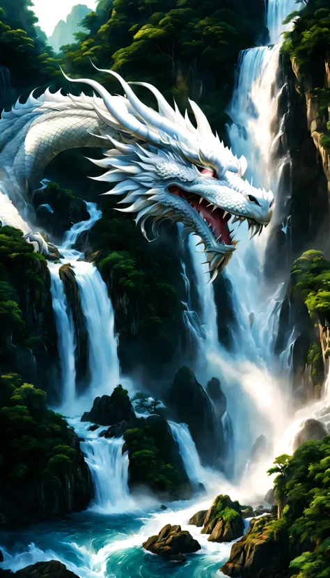 draw a waterfall where the dragon god lives,a dragon god with only his face exposed from the basin of a waterfall.,white dragon,...