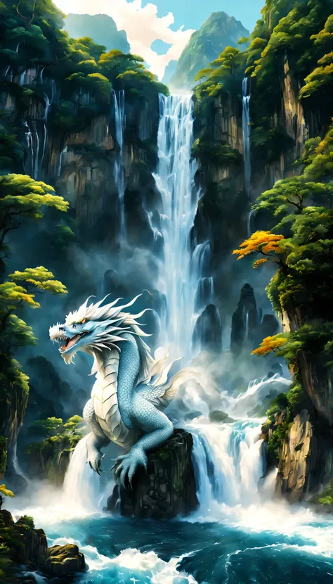 draw a waterfall where the dragon god lives,a dragon god with only his face exposed from the basin of a waterfall.,white dragon,...