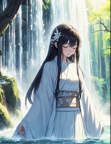 1lady solo, (standing under waterfall), (facing down), kimono (pure white robe:1.1), mature female, /(black hair/) (straight hair) bangs, blush (eyes lightly closed:1.1), (masterpiece best quality:1.2) delicate illustration ultra-detailed, large breasts BR...