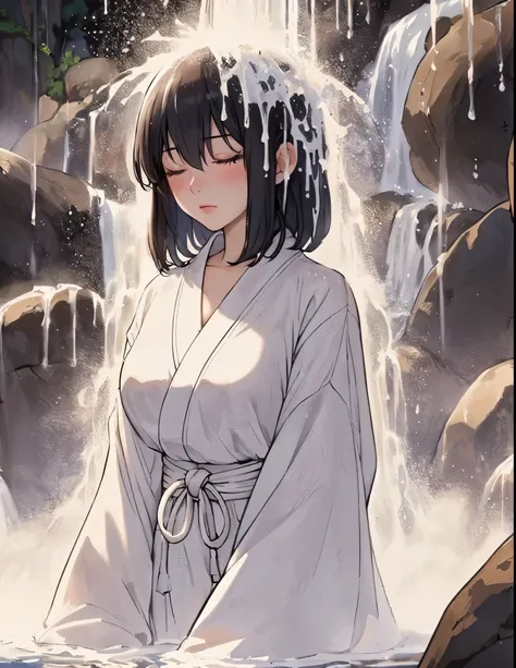 1lady solo, (standing under waterfall), (facing down), kimono (pure white robe:1.1), mature female, /(black hair/) (straight hair) bangs, blush (eyes lightly closed:1.1), (masterpiece best quality:1.2) delicate illustration ultra-detailed, large breasts BR...