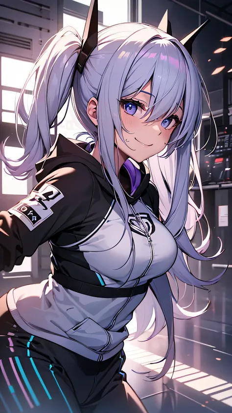 最high quality、best image quality、masterpiece、girl((20-year-old、 By becoming、vest bust、medium bust,wide open breast tea、shining eyes, silver hair、long hair、thin,highest valley、twin tails、right arm bandage、Black and purple hoodie with a wide open chest、short...