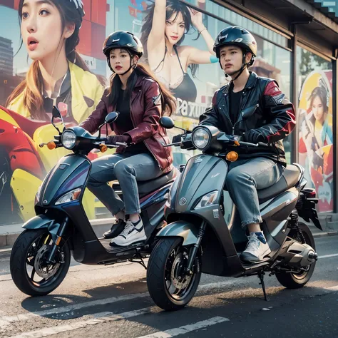 ((realistic riding scene automotive photography)) (very sharp photo result, full body) (((textile shading))), (((Best Quality))), (((masterpiece))), (((hyper realistic photo))) ((detail pretty face)) ((make bike more colorful modern matic scooter))