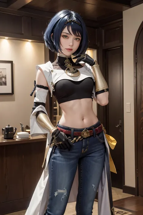 Long jeans, iron belt, ((midriff, navel)), smile, looking at viewer, hotel room, standing, hand on hip, (cinematic lighting, best quality, masterpiece, high details, best quality, highres, HD, 4K, 8k, super detail), best quality, masterpiece, (kujou sara:1...