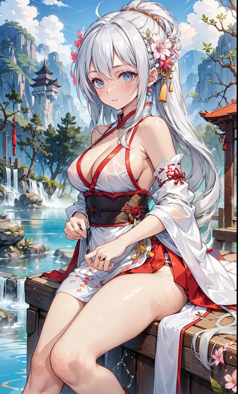 top quality，best resolution，(Drenched white long cheongsam），Super detailed, She has a white twin tail，girl，charm，Design intricate clothes，blue eyes，Distant view of forest and mountains，Elegant and charming，((Wet people，The background is an ancient Chinese ...