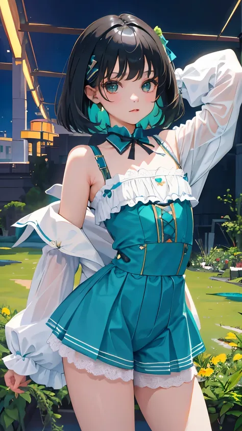 (short cute girl，small young student，young delicate girl）,（masterpiece，Top quality)，blue green lolita outfit，shorts，black hair