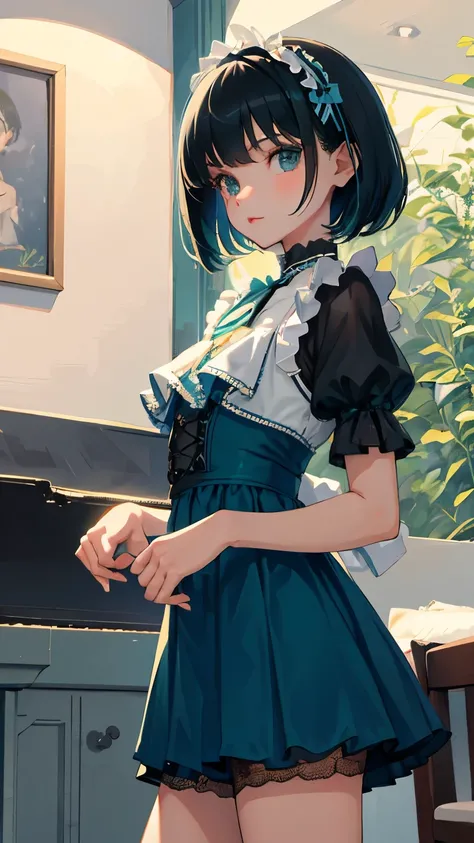 (short cute girl，small young student，young delicate girl）,（masterpiece，Top quality)，blue green lolita outfit，shorts，black hair