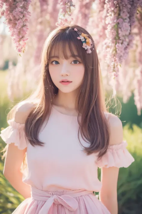 Dried flower、beautiful japanese girl。Creates a high-quality feminine image with an innovative artistic atmosphere that stands out in pastel colors。she has her own fashion style、Wearing bright and soft pastel colored costumes。Against the backdrop of a fanta...