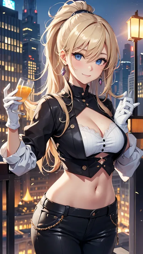 最high quality、best image quality、masterpiece、girl((20-year-old、 By becoming、vest bust、medium bust,wide open breast tea、shining eyes, blonde、long hair、thin,highest valley、ponytail、Very short shirt、short belly sports pants、cool pose、Please bring your smartph...