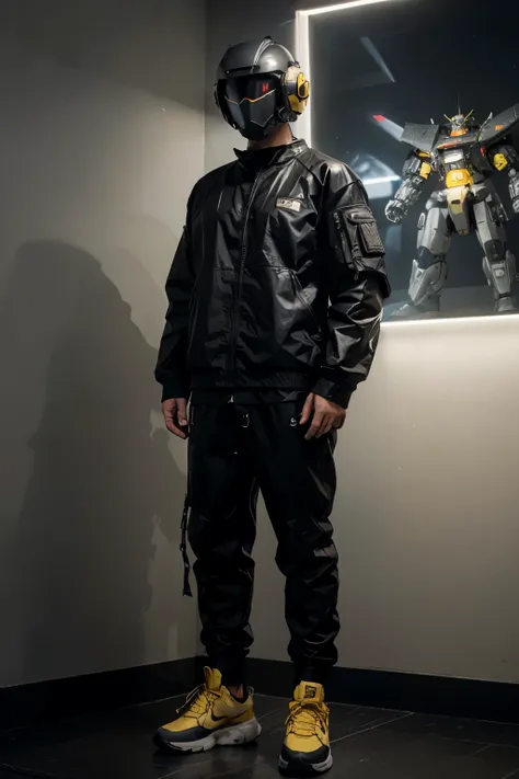 Full body man in a oversize tshirt wearing a black mecha-robot helmet,standing in a dark room, grey+white mecha leather nike sneakers, combat mech windbreaker clothes, black armor with gold accents, sci - fi suit, wearing techwear and armor, cyberpunk suit...